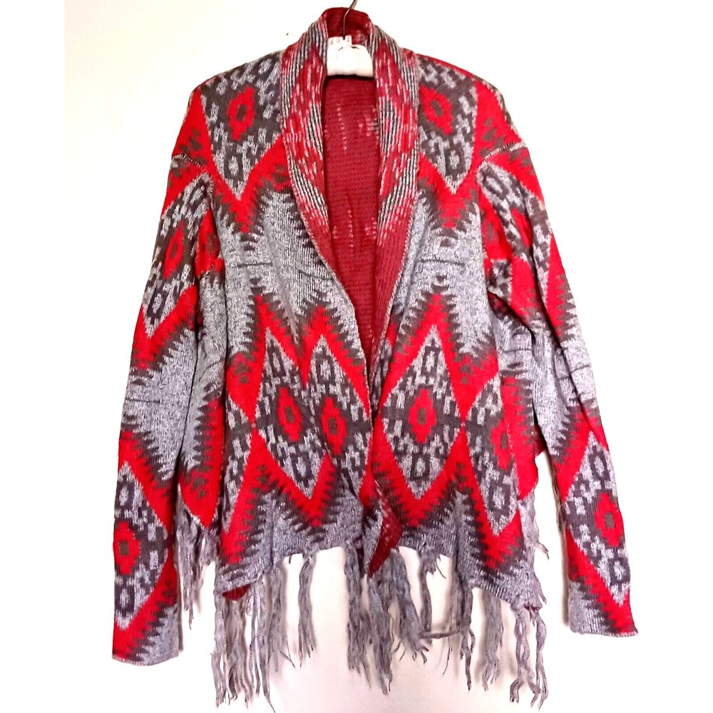 Altar'd State Wrap Sweater Jacket Navajo Southwest Gray Coral Knit Fringed  Sz L